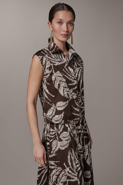 Donna Karan SLEEVELESS PRINT DRAWSTRING HEM BLOUSE