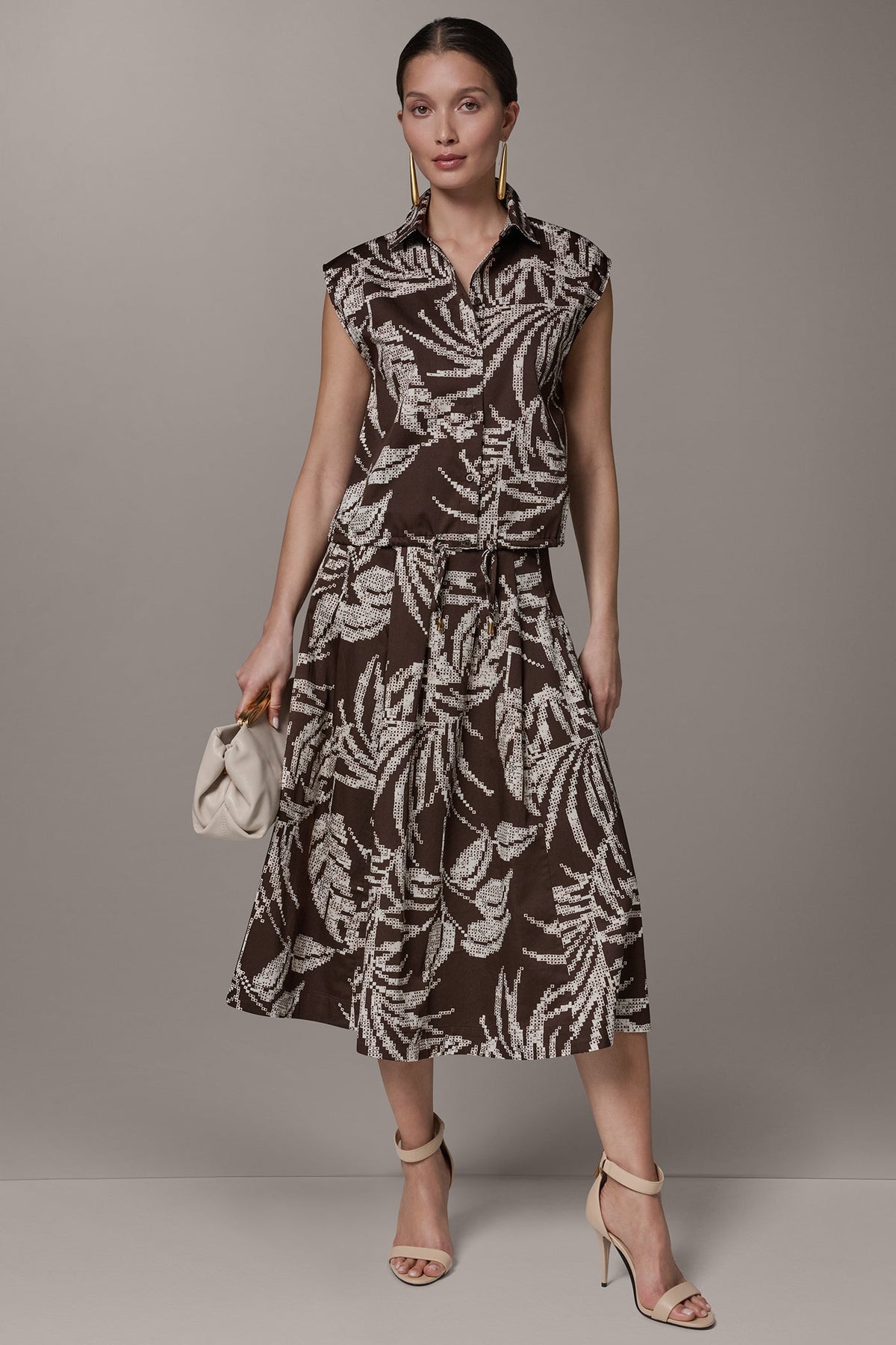 Donna Karan SLEEVELESS PRINT DRAWSTRING HEM BLOUSE