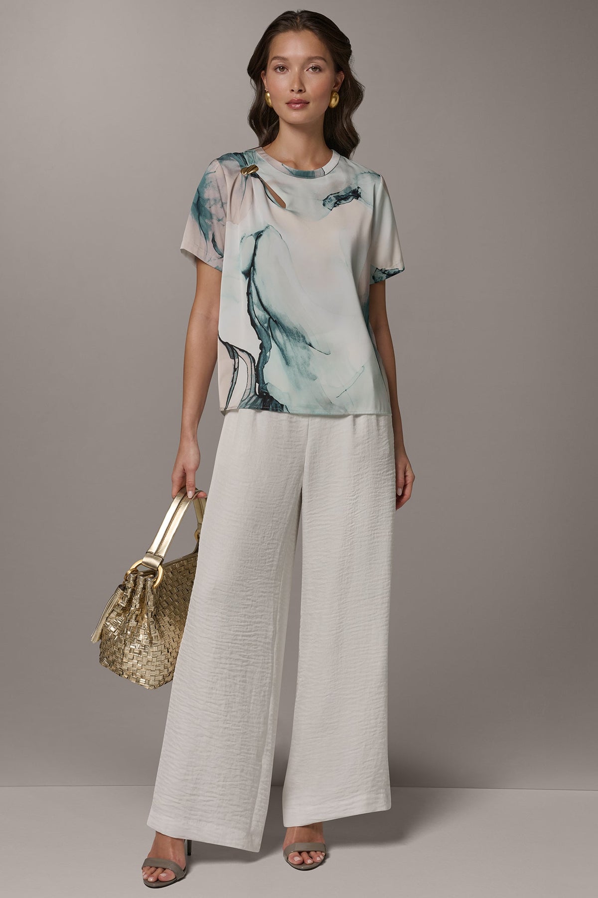 Donna Karan MARBLE GOLD-TONE EMBELLISHED SHOULDER TOP