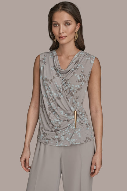 Donna Karan PRINTED SLEEVELESS COWL-NECK WRAP TOP