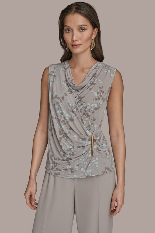 Donna Karan PRINTED SLEEVELESS COWL-NECK WRAP TOP