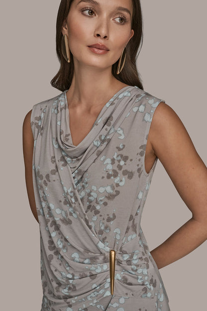 Donna Karan PRINTED SLEEVELESS COWL-NECK WRAP TOP