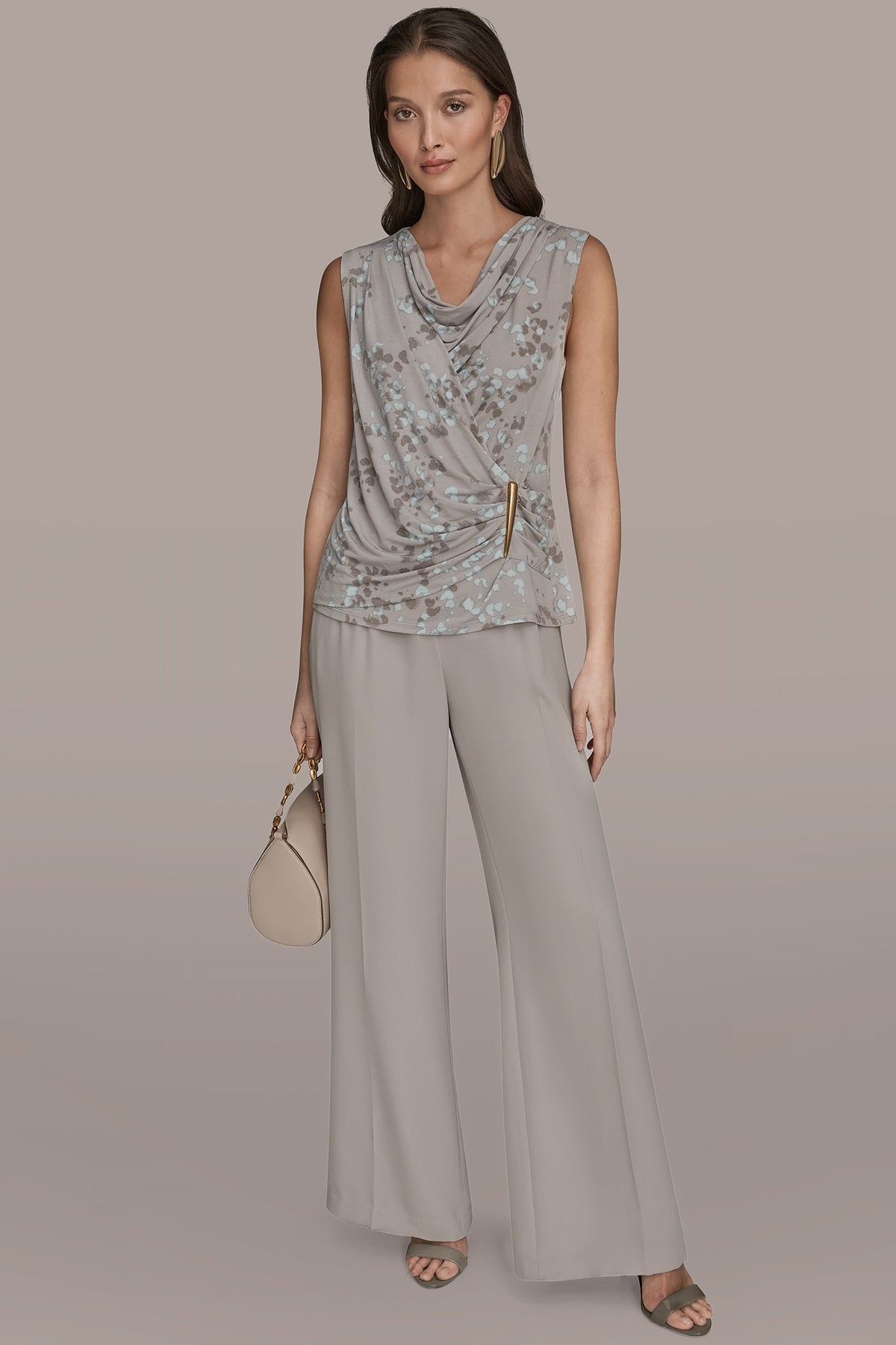 Donna Karan PRINTED SLEEVELESS COWL-NECK WRAP TOP