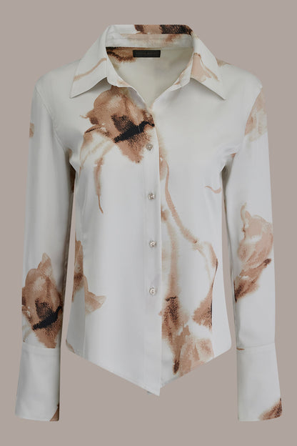 Donna Karan SATIN FLORAL HIGH-LOW BLOUSE