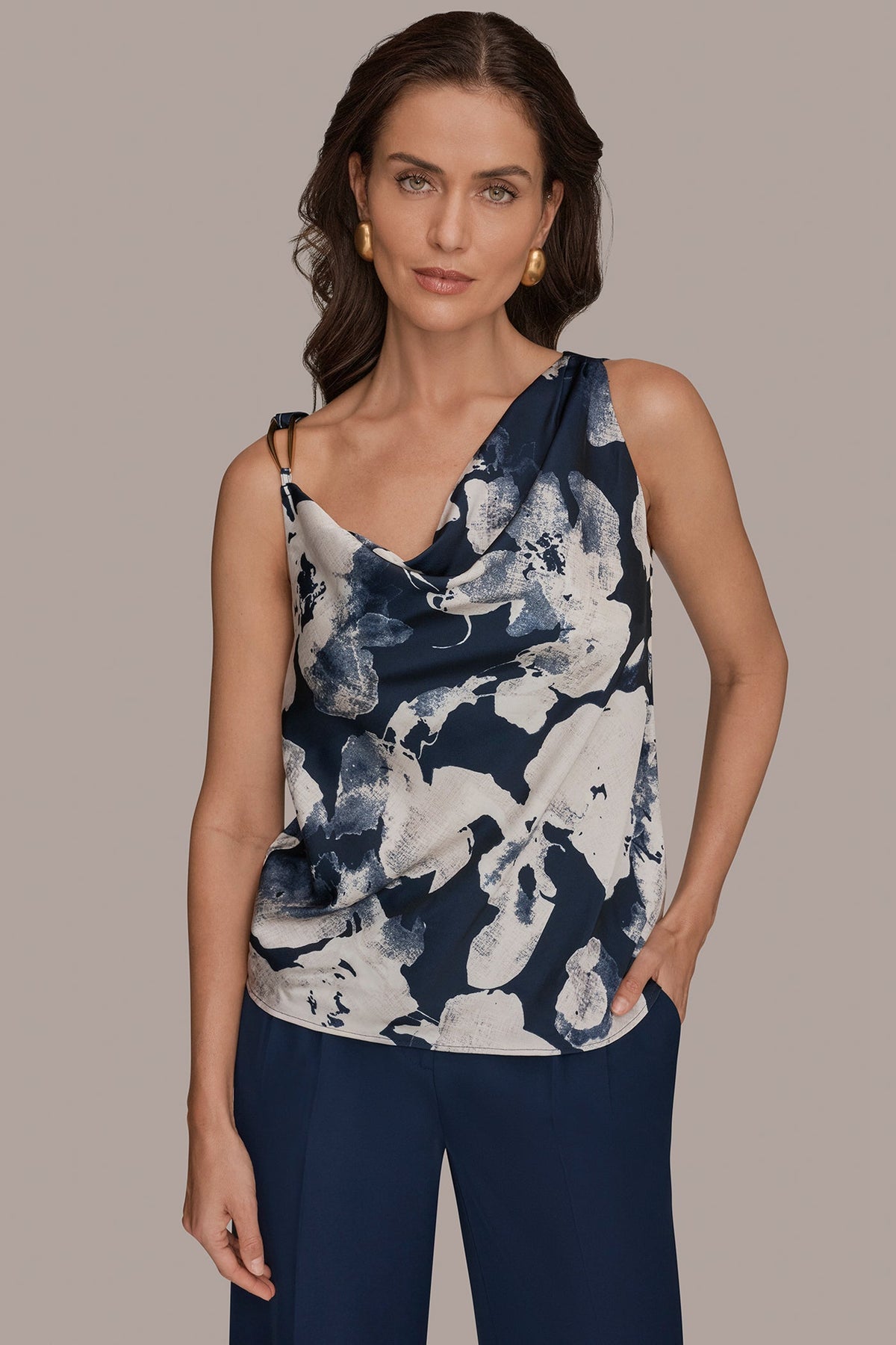 Donna Karan SATIN FLORAL COWL-NECK CUTOUT SHOULDER CAMI