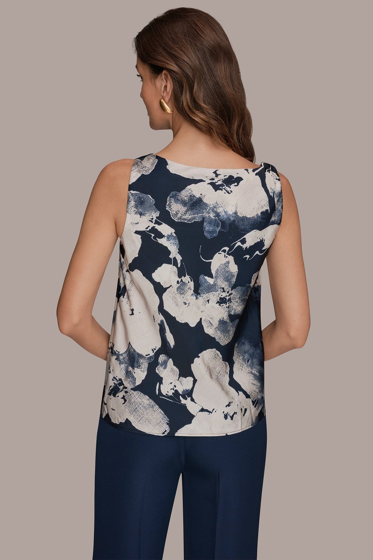 Donna Karan SATIN FLORAL COWL-NECK CUTOUT SHOULDER CAMI