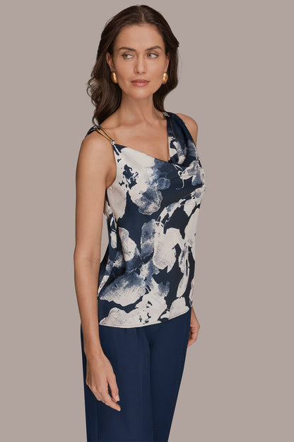 Donna Karan SATIN FLORAL COWL-NECK CUTOUT SHOULDER CAMI