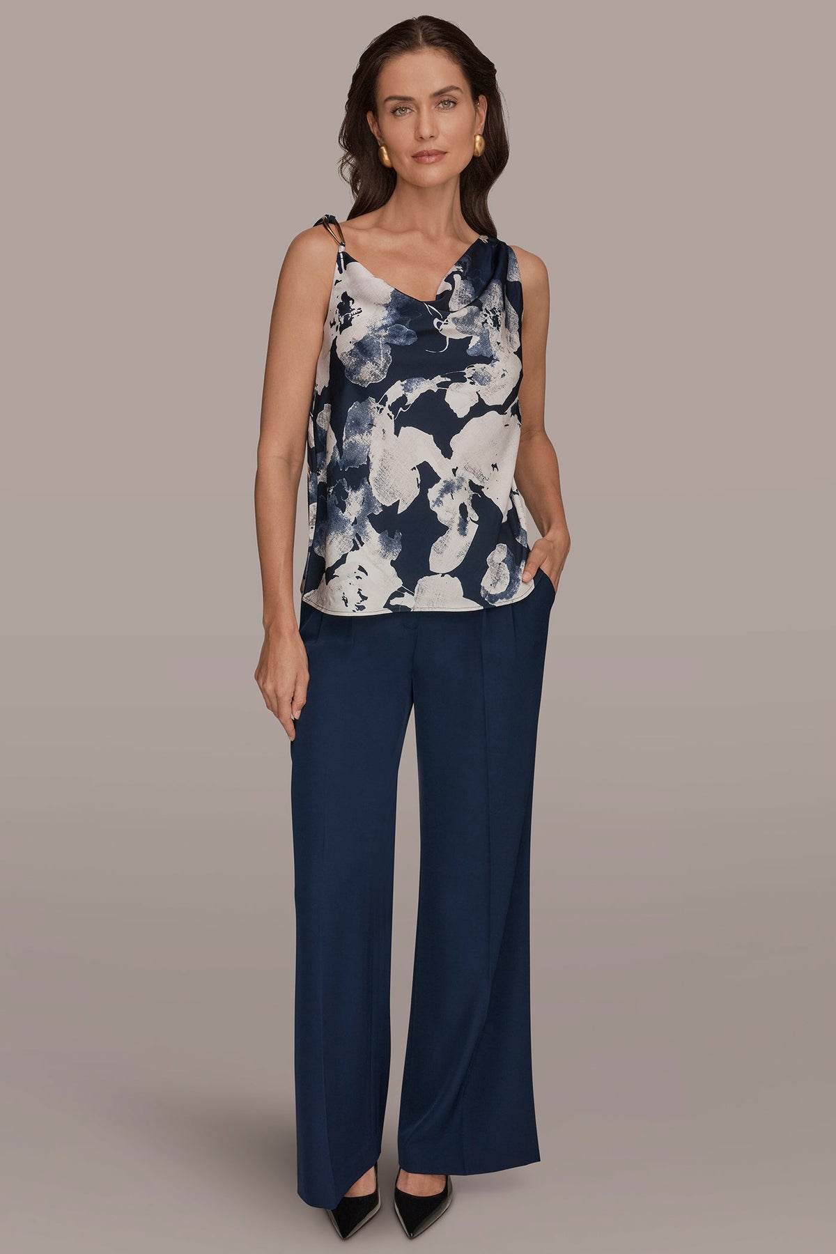 Donna Karan SATIN FLORAL COWL-NECK CUTOUT SHOULDER CAMI