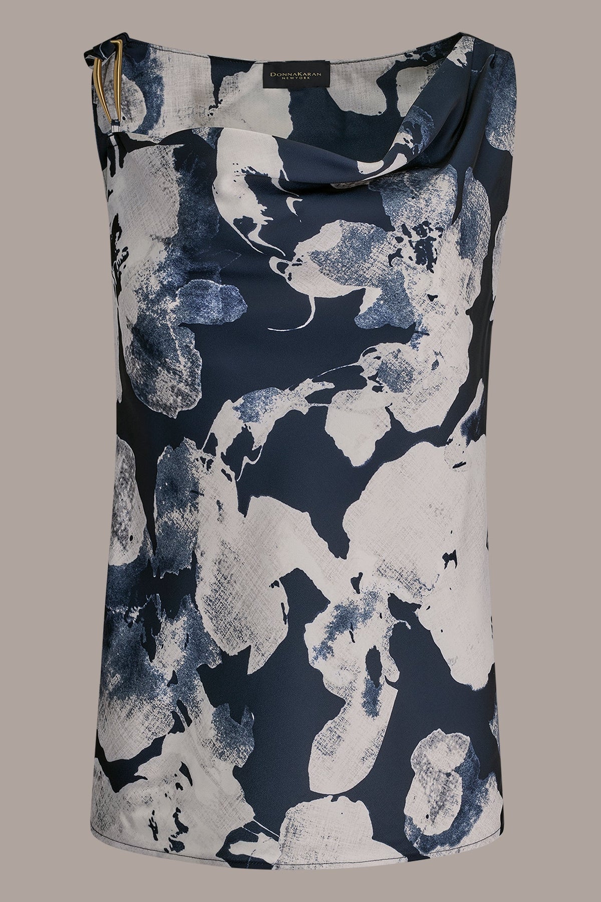 Donna Karan SATIN FLORAL COWL-NECK CUTOUT SHOULDER CAMI