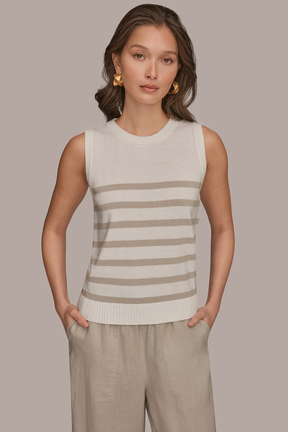 Donna Karan COTTON AND CASHMERE SLEEVELESS STRIPED SWEATER
