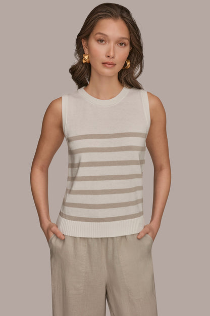 Donna Karan COTTON AND CASHMERE SLEEVELESS STRIPED SWEATER