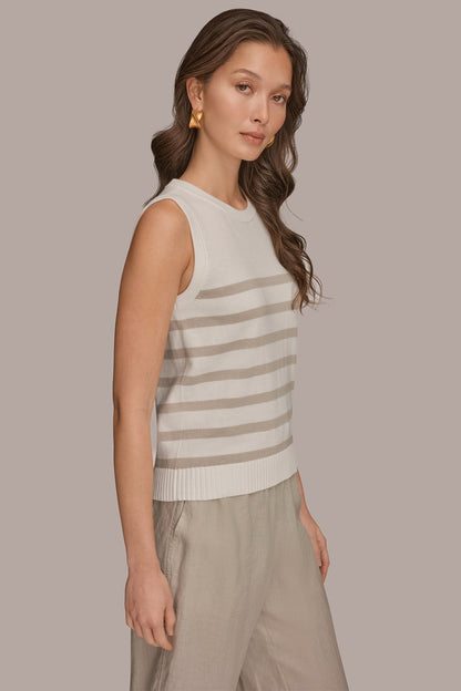 Donna Karan COTTON AND CASHMERE SLEEVELESS STRIPED SWEATER