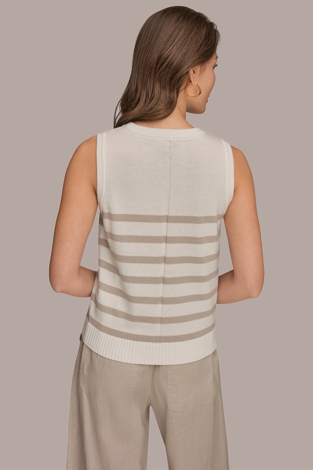 Donna Karan COTTON AND CASHMERE SLEEVELESS STRIPED SWEATER