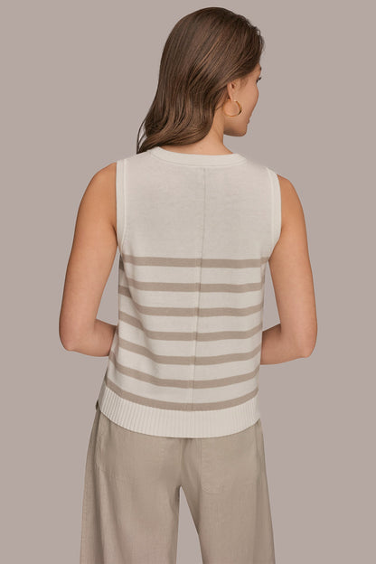 Donna Karan COTTON AND CASHMERE SLEEVELESS STRIPED SWEATER
