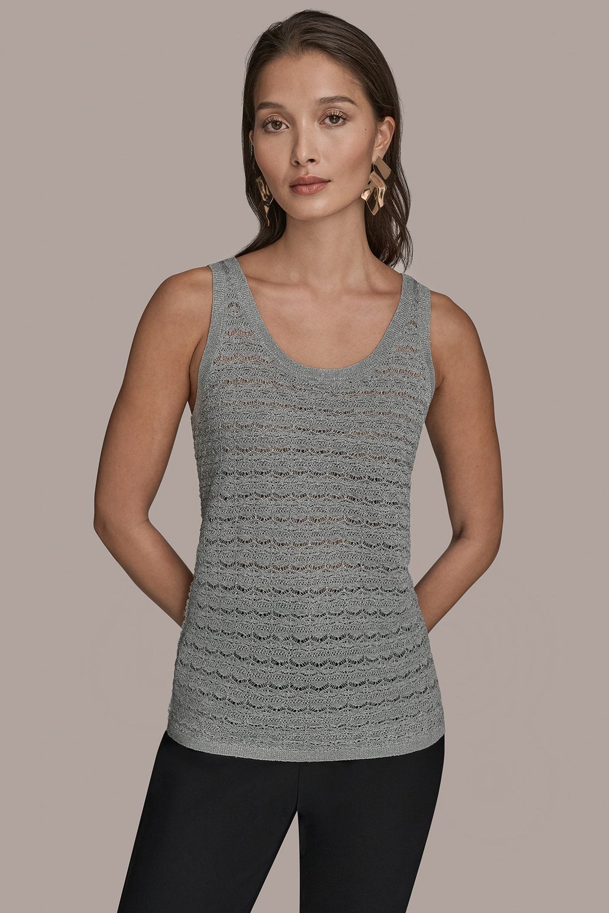 Donna Karan SLEEVELESS SCOOP-NECK POINTELLE SHELL SWEATER