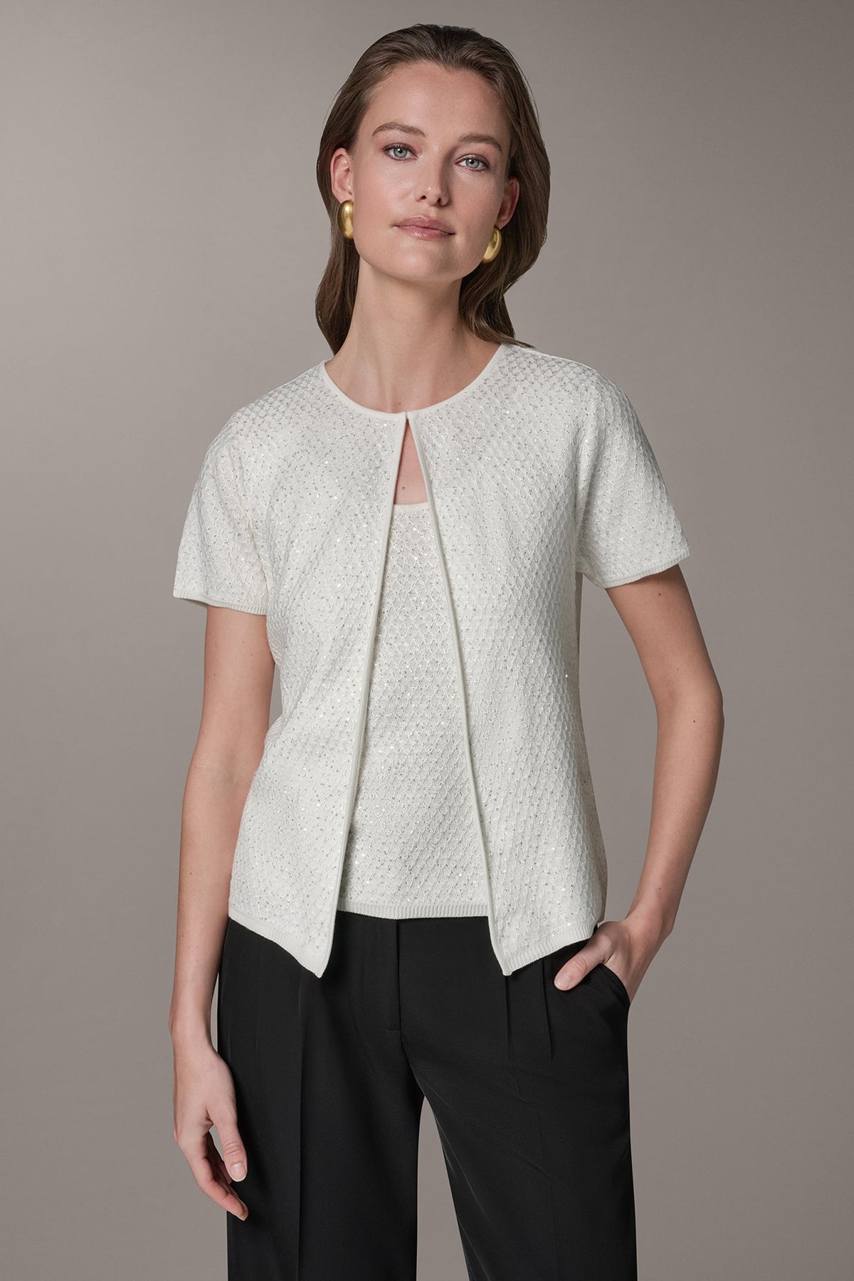 Donna Karan SHORT SLEEVE SEQUIN CARDIGAN