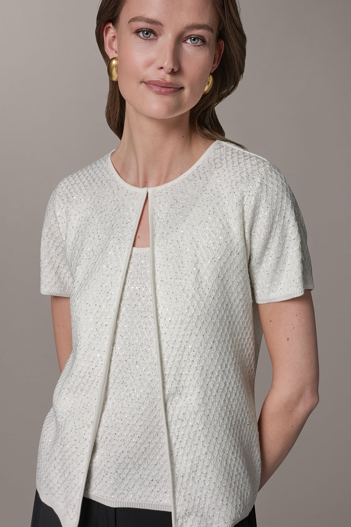 Donna Karan SHORT SLEEVE SEQUIN CARDIGAN