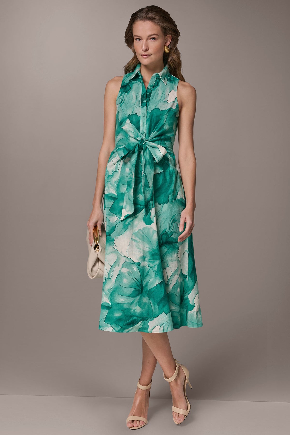 Donna Karan LINEN-BLEND FLORAL MIDI SHIRT DRESS