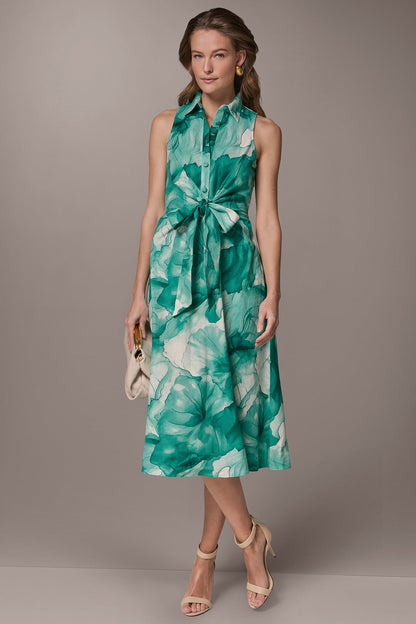 Donna Karan LINEN-BLEND FLORAL MIDI SHIRT DRESS