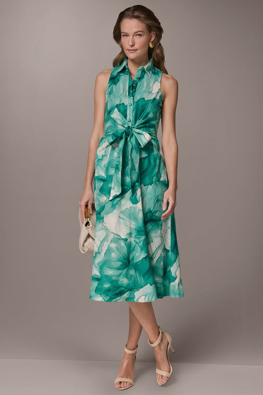 Donna Karan LINEN-BLEND FLORAL MIDI SHIRT DRESS