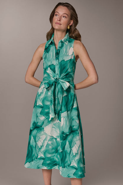 Donna Karan LINEN-BLEND FLORAL MIDI SHIRT DRESS