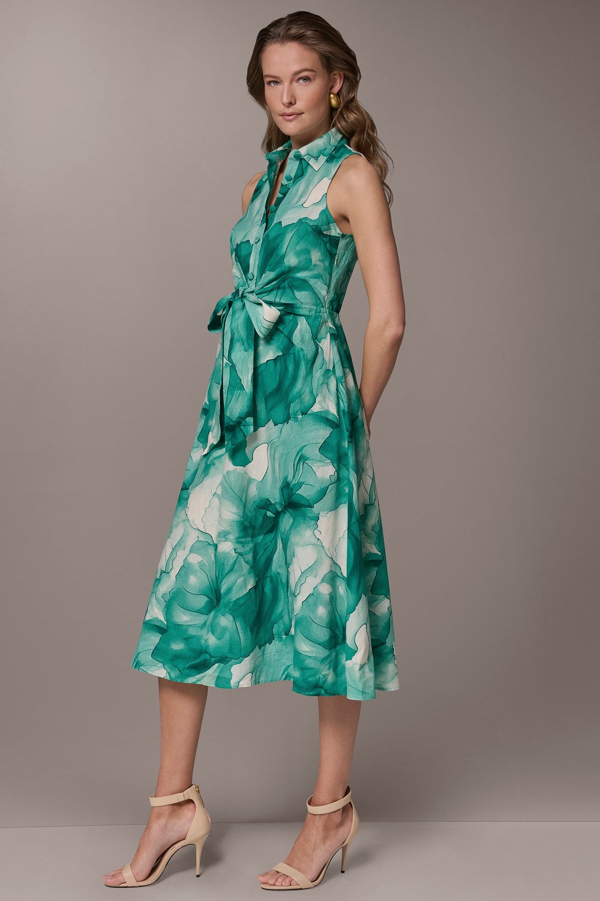 Donna Karan LINEN-BLEND FLORAL MIDI SHIRT DRESS