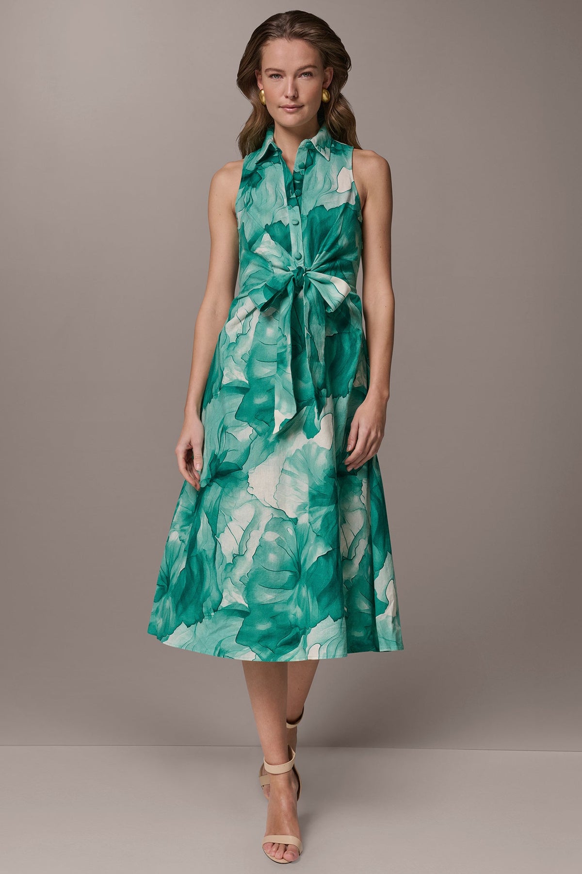 Donna Karan LINEN-BLEND FLORAL MIDI SHIRT DRESS