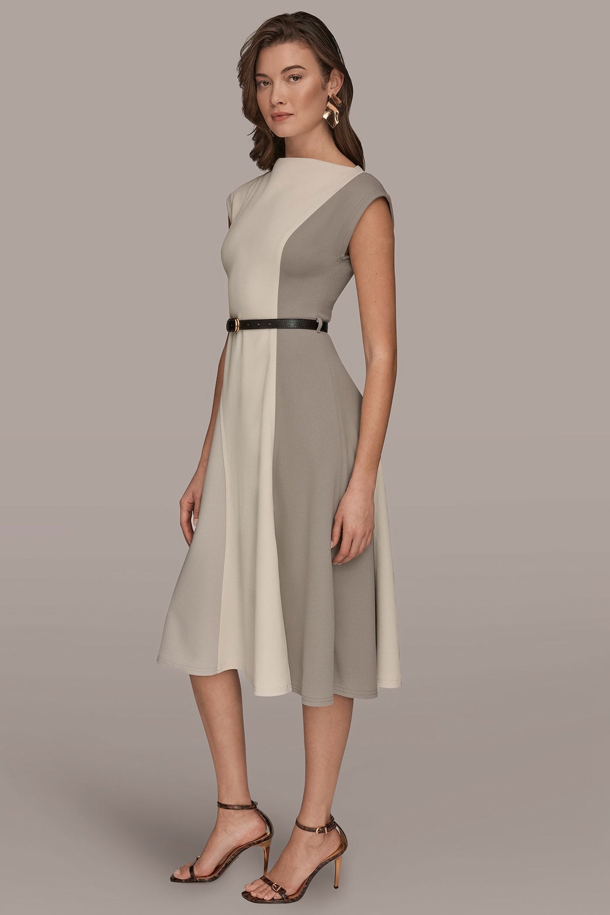 Donna Karan CAP SLEEVE COLOR-BLOCK MIDI DRESS