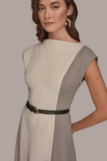 Donna Karan CAP SLEEVE COLOR-BLOCK MIDI DRESS