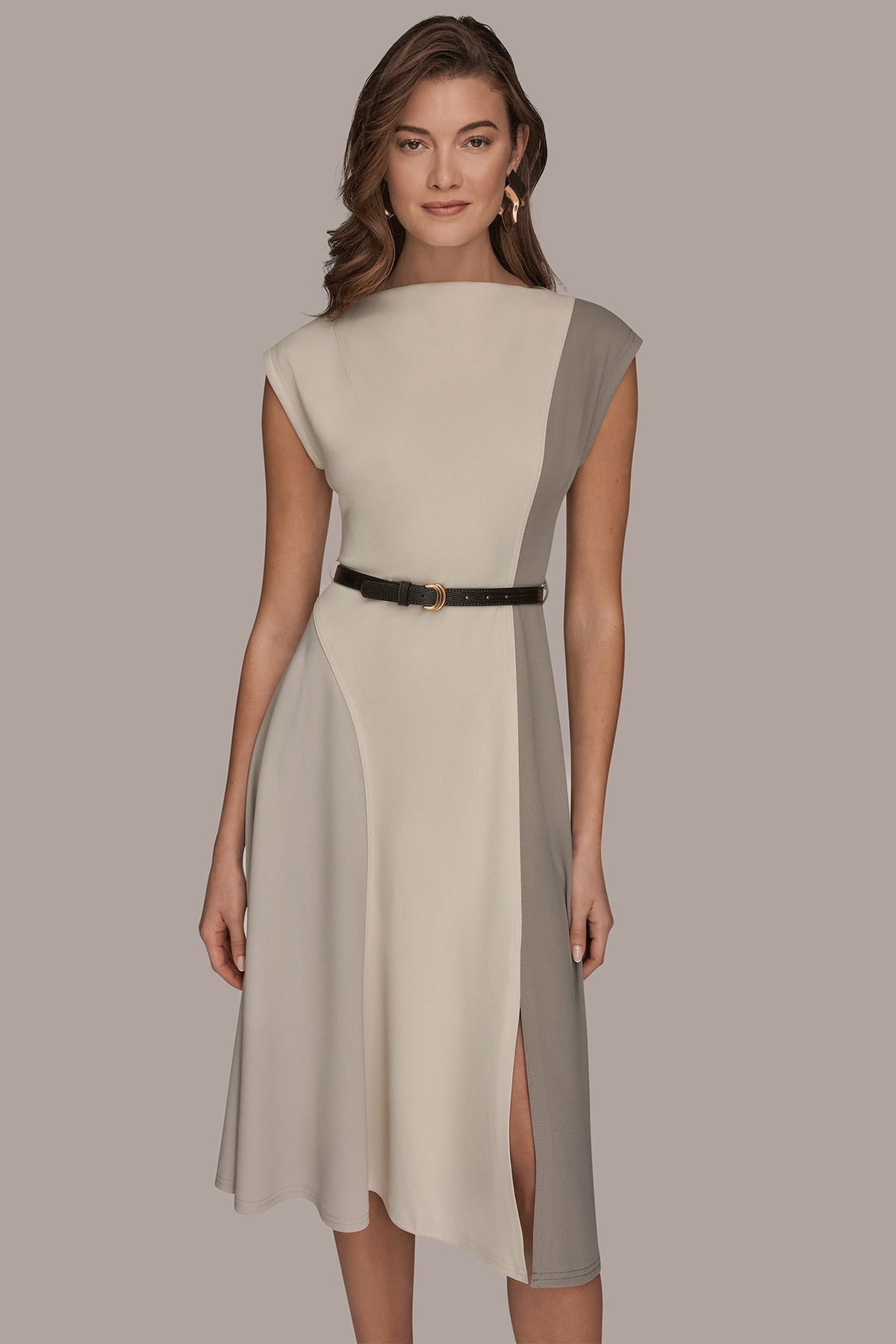 Donna Karan CAP SLEEVE COLOR-BLOCK MIDI DRESS