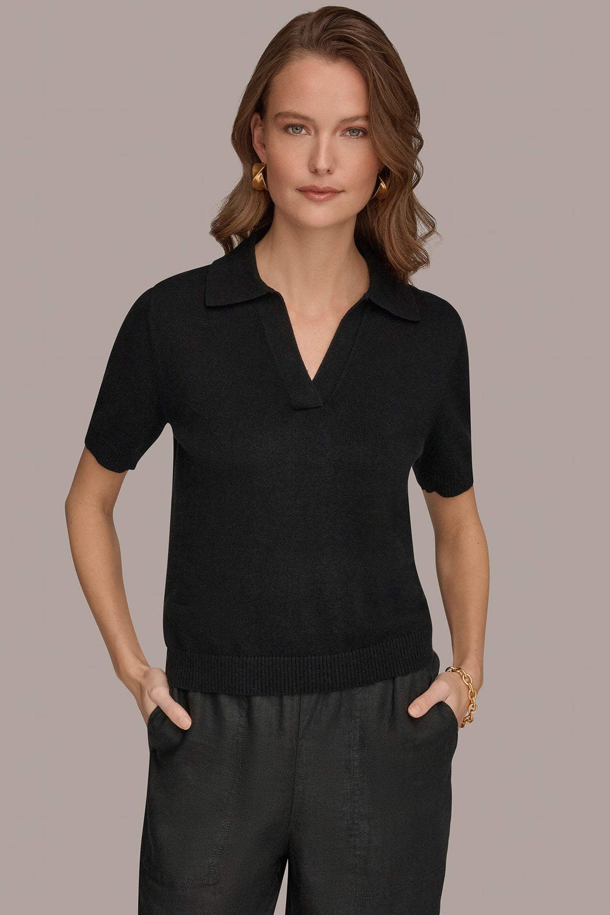 Donna Karan COTTON AND CASHMERE POLO SWEATER