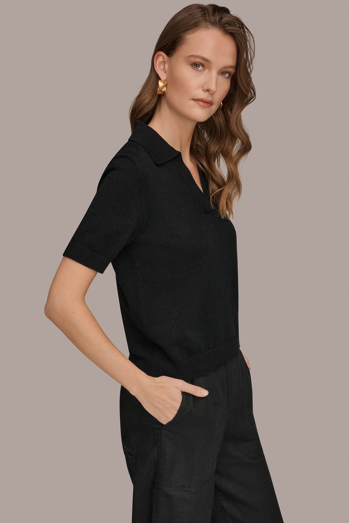 Donna Karan COTTON AND CASHMERE POLO SWEATER