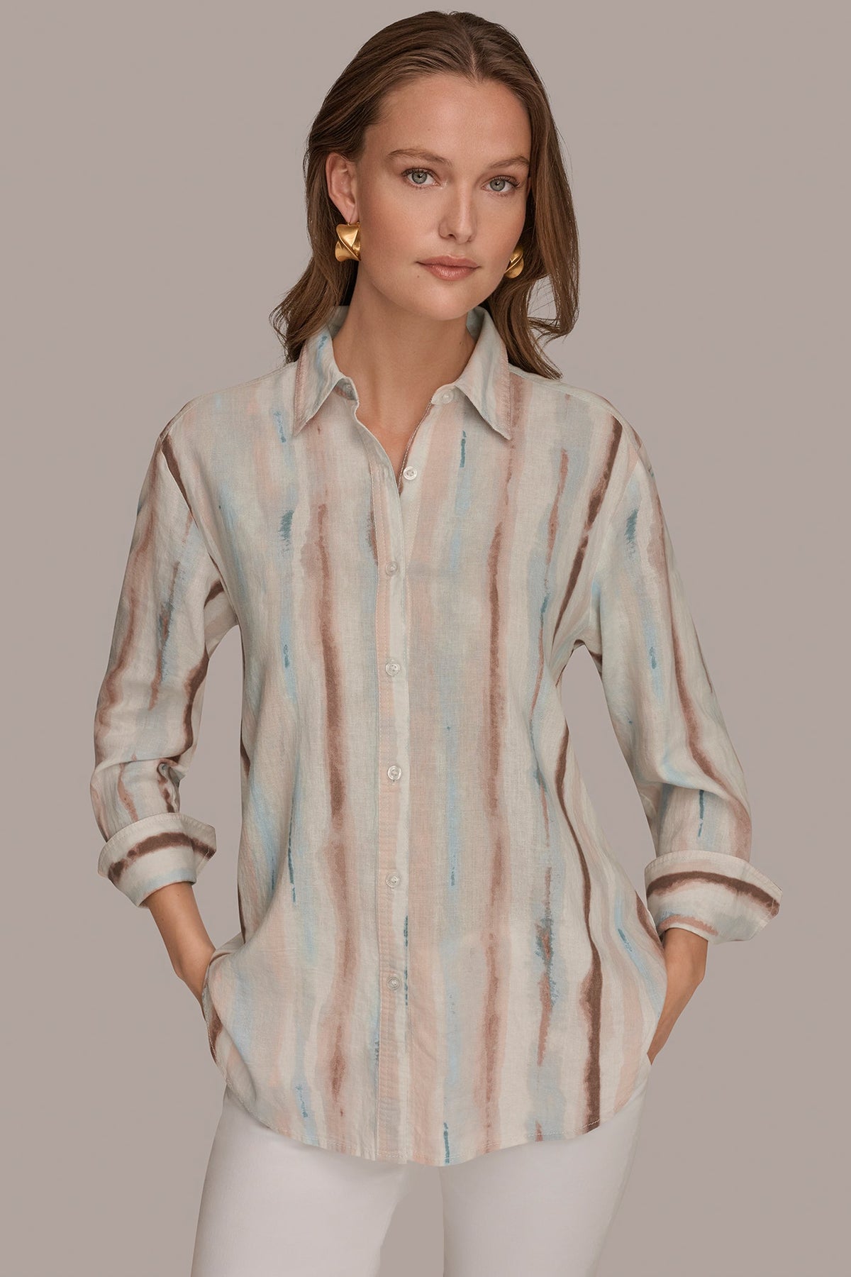 Donna Karan LONG SLEEVE STRIPE SHIRT