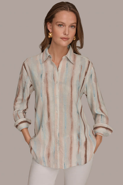 Donna Karan LONG SLEEVE STRIPE SHIRT