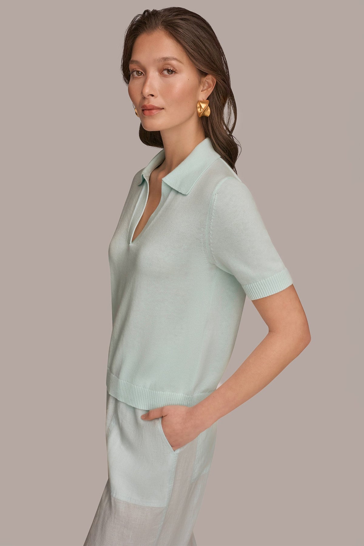 Donna Karan COTTON AND CASHMERE POLO SWEATER