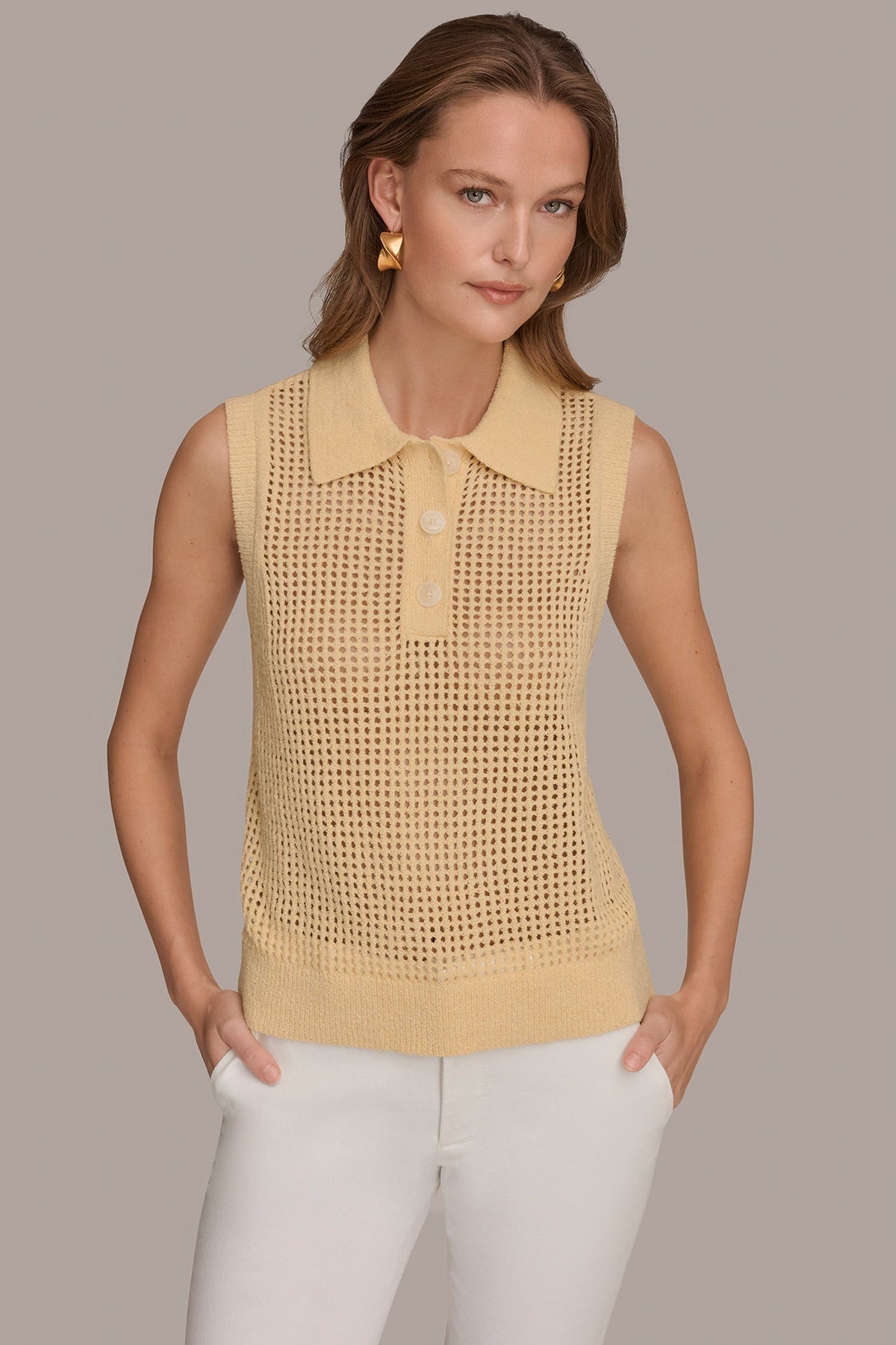 Donna Karan SLEEVELESS OPEN STITCH POLO SWEATER