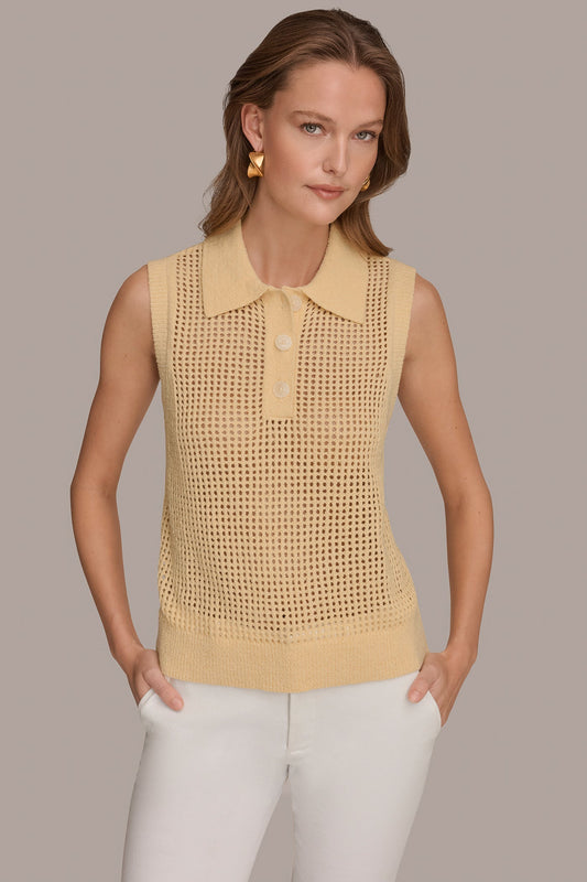 Donna Karan SLEEVELESS OPEN STITCH POLO SWEATER