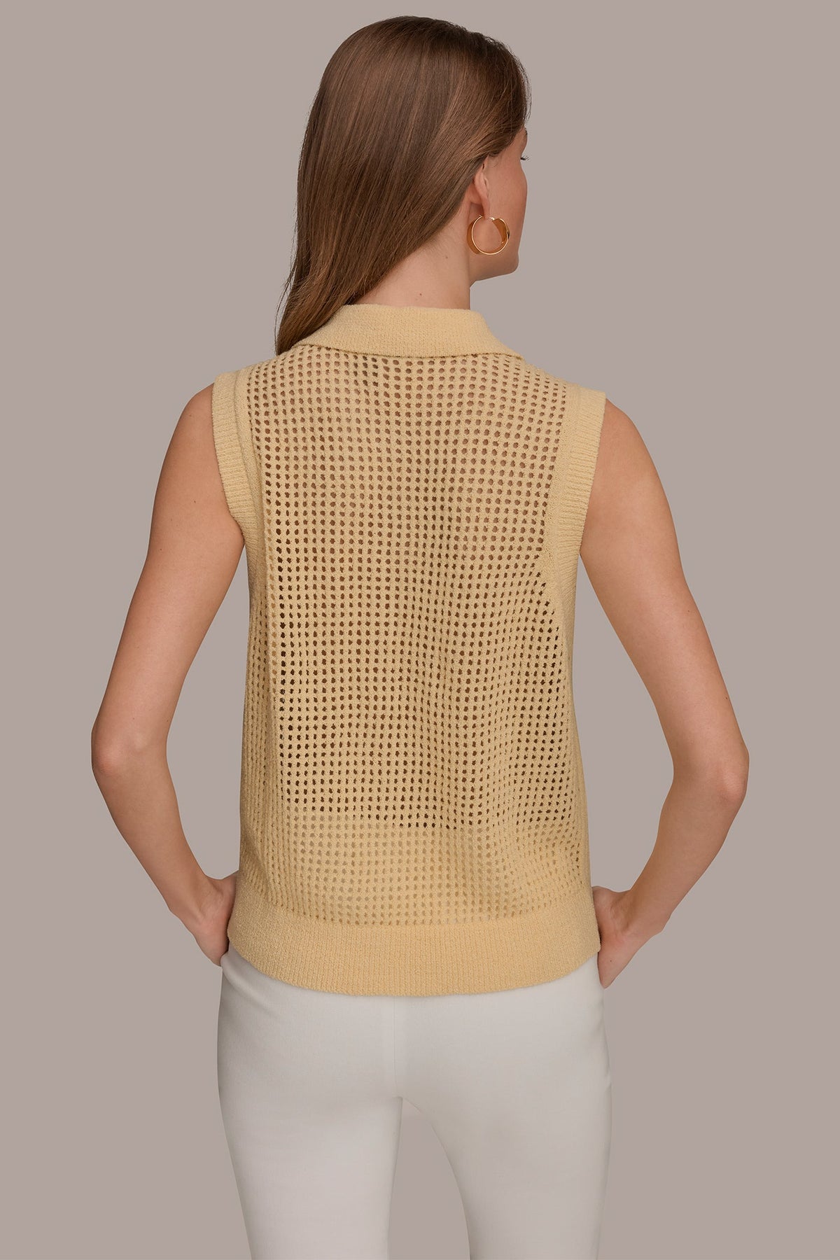 Donna Karan SLEEVELESS OPEN STITCH POLO SWEATER