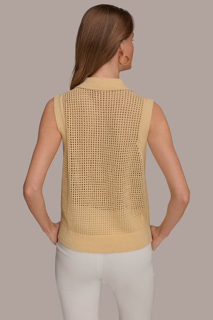 Donna Karan SLEEVELESS OPEN STITCH POLO SWEATER
