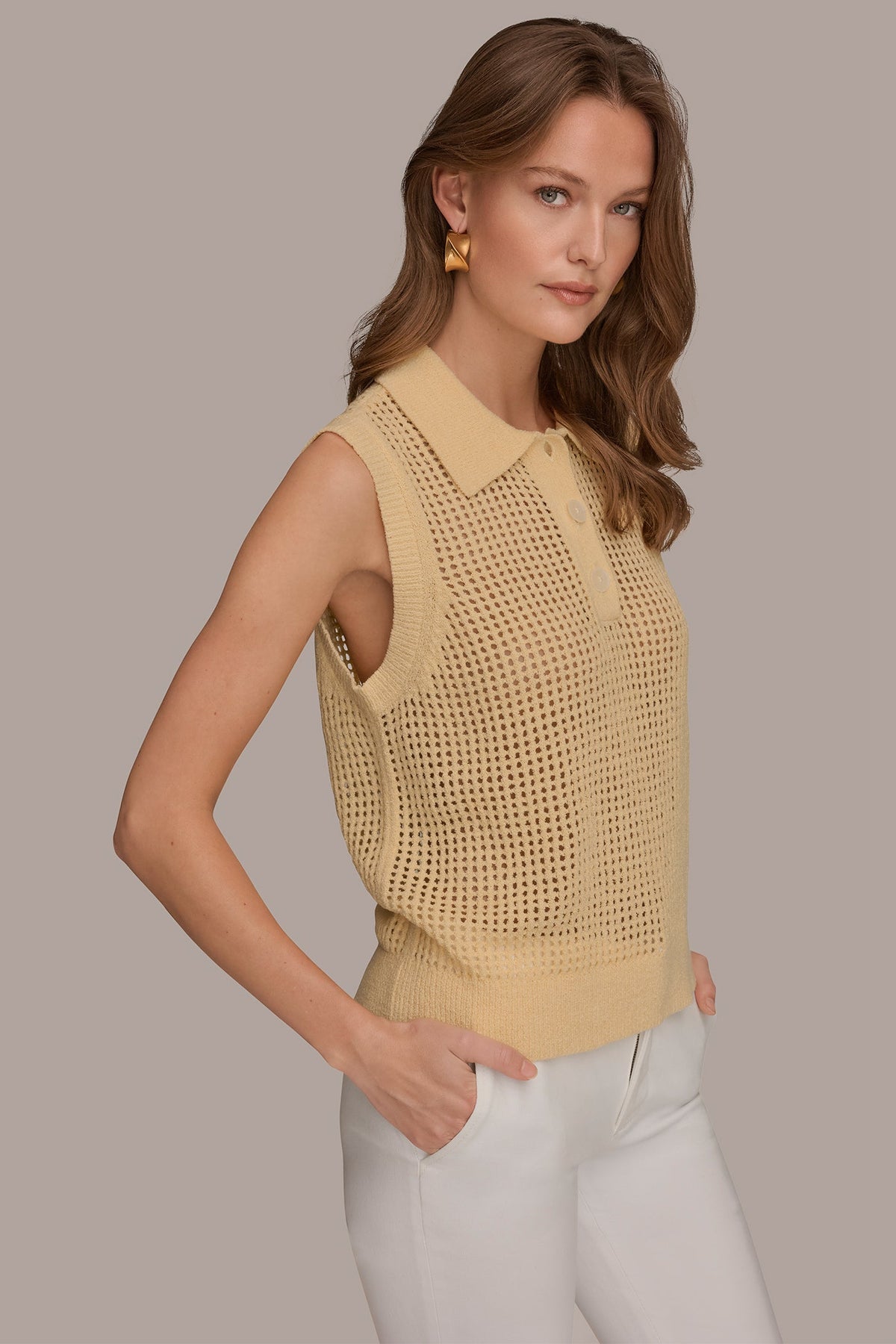 Donna Karan SLEEVELESS OPEN STITCH POLO SWEATER