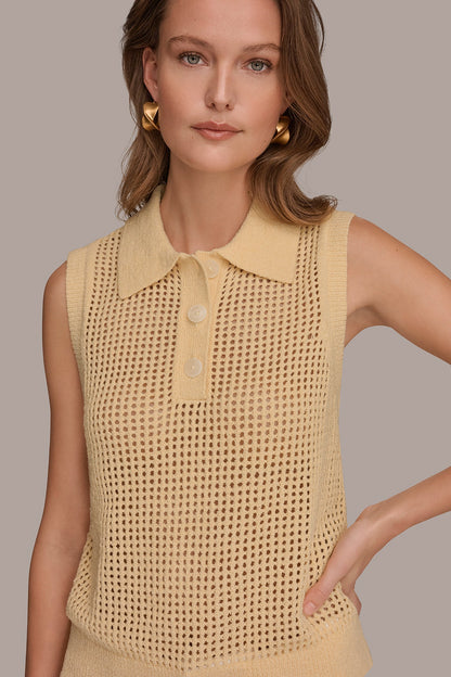 Donna Karan SLEEVELESS OPEN STITCH POLO SWEATER