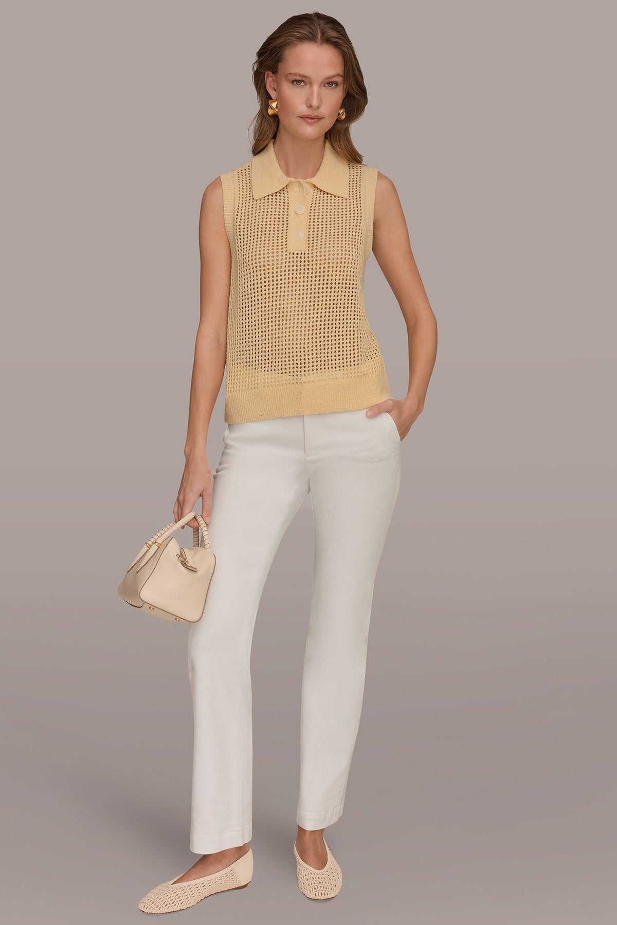 Donna Karan SLEEVELESS OPEN STITCH POLO SWEATER