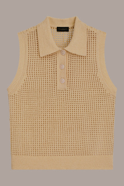 Donna Karan SLEEVELESS OPEN STITCH POLO SWEATER
