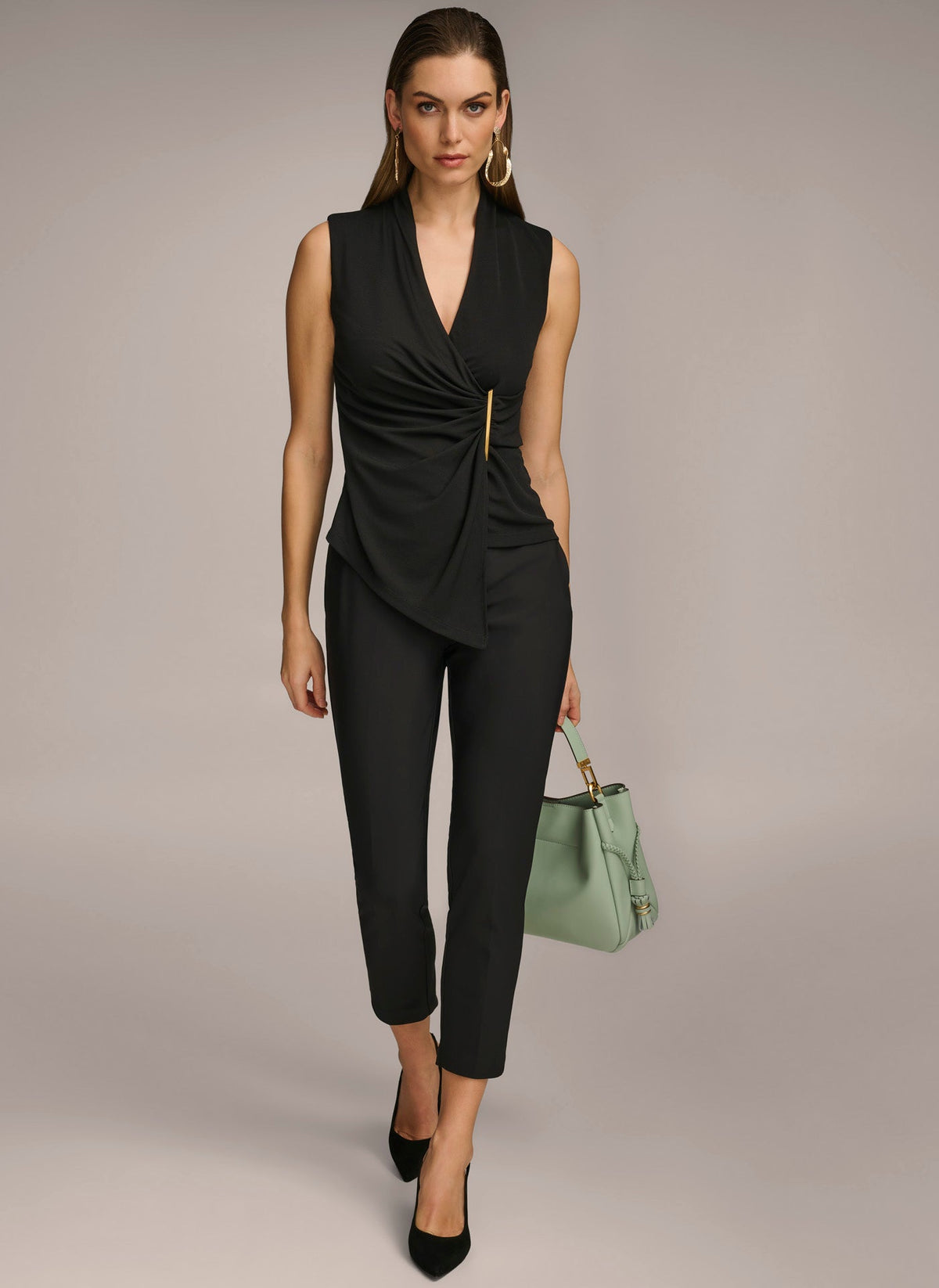 Donna Karan V NECK TOP WITH HARDWARE AND RUCHED DETAIL