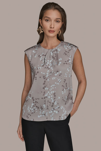 Donna Karan FLORAL CAP SLEEVE TWIST BLOUSE