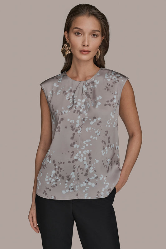 Donna Karan FLORAL CAP SLEEVE TWIST BLOUSE