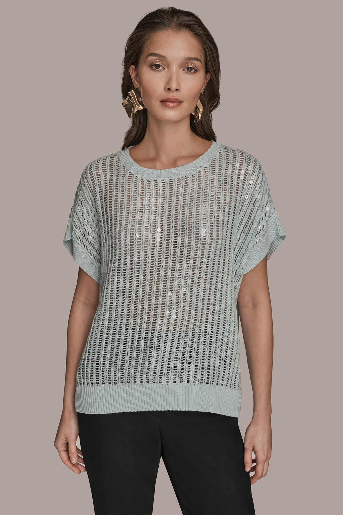 Donna Karan COTTON-BLEND SEQUIN OPEN-KNIT SWEATER