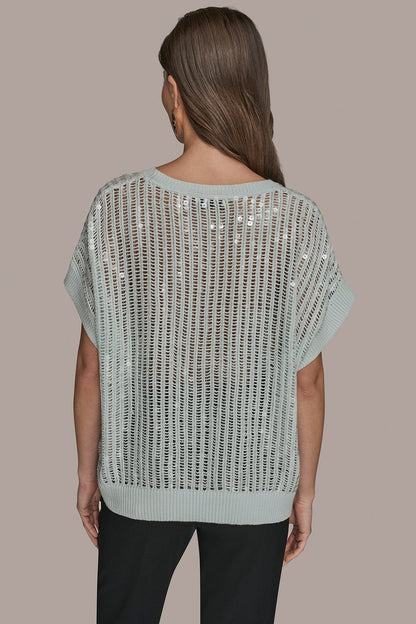 Donna Karan COTTON-BLEND SEQUIN OPEN-KNIT SWEATER