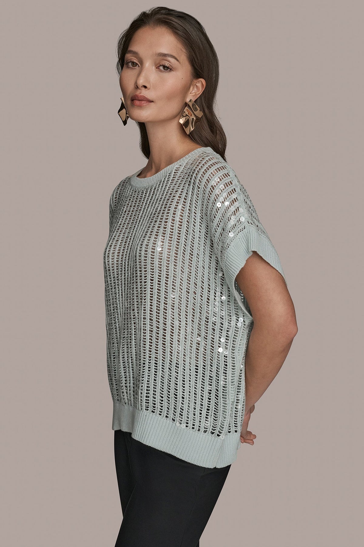 Donna Karan COTTON-BLEND SEQUIN OPEN-KNIT SWEATER