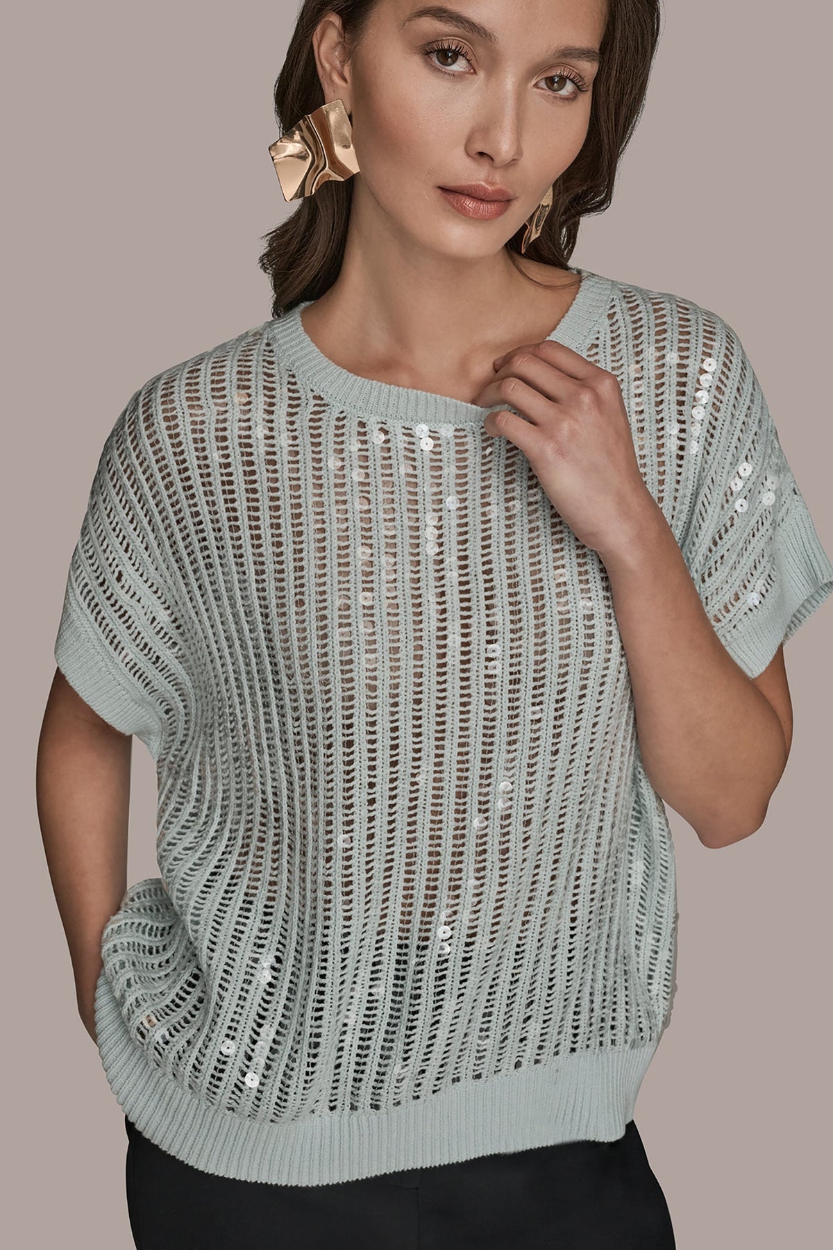 Donna Karan COTTON-BLEND SEQUIN OPEN-KNIT SWEATER